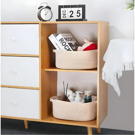Cotton 2 Pcs 10x7x4 Inch Oval Storage Basket For Clothes (Beige)