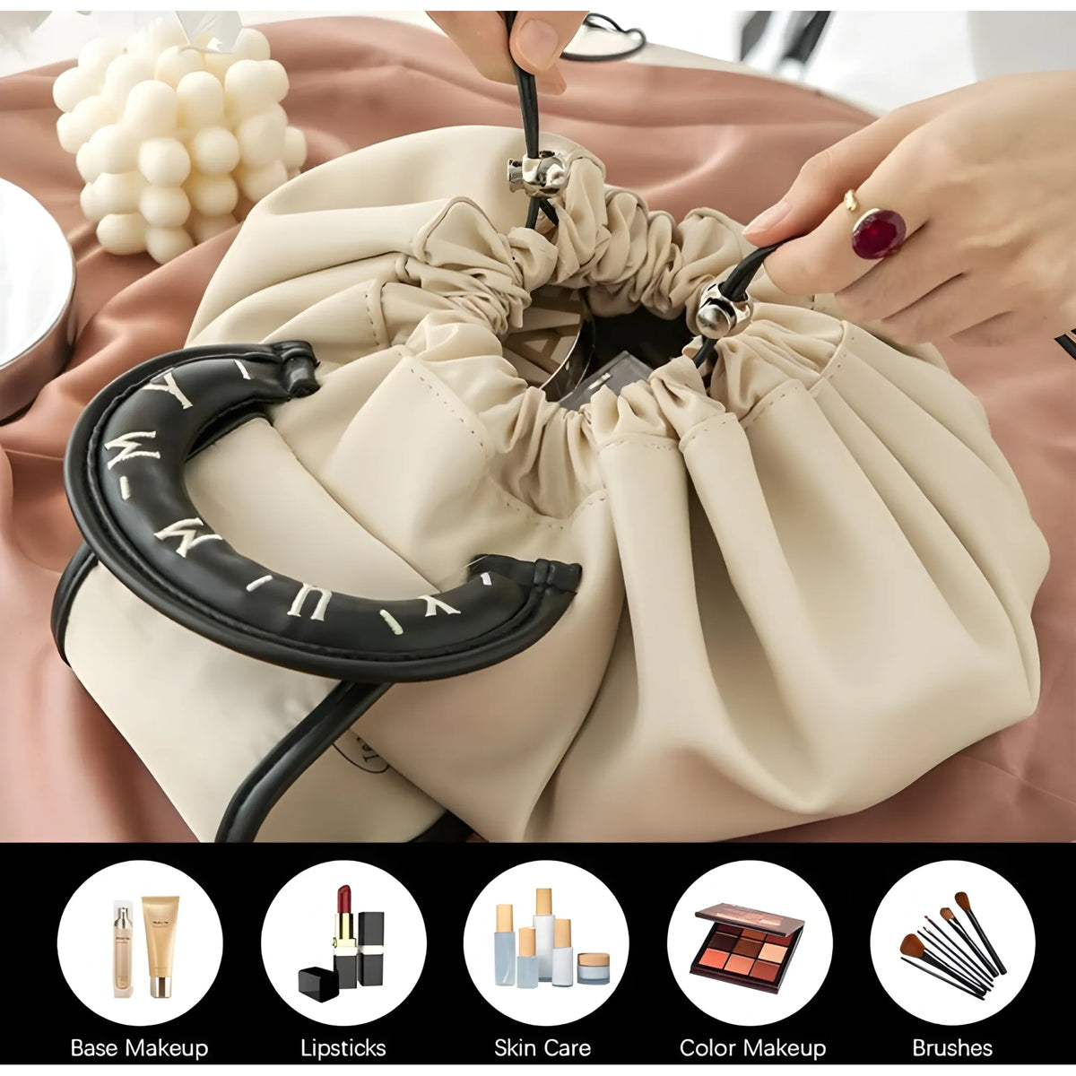 Polyester Lazy Makeup Organizer Bag (Beige-Black)