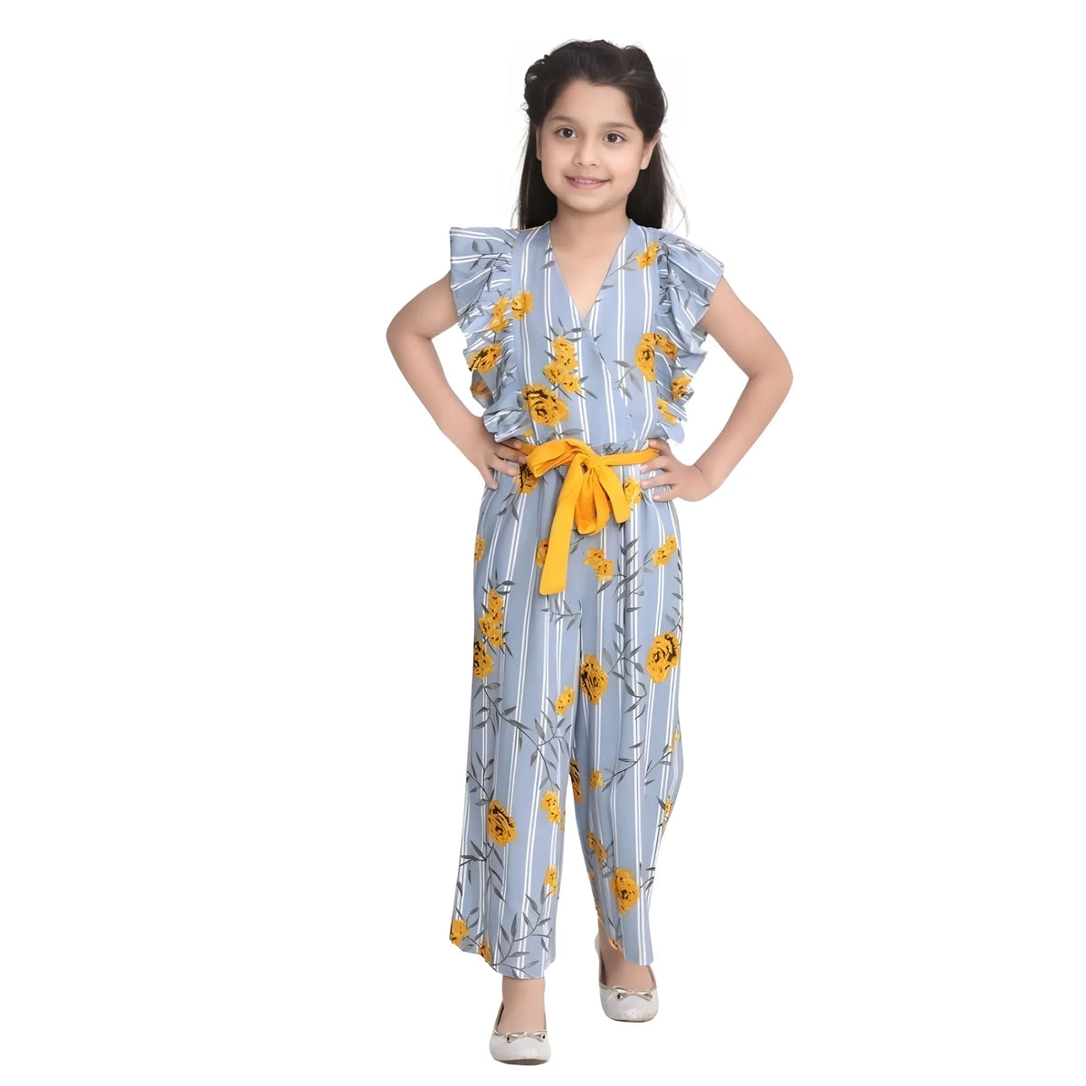 Girl's Rayon Floral Flutter Jumpsuit (blue Yellow) | Kids Signature Collection