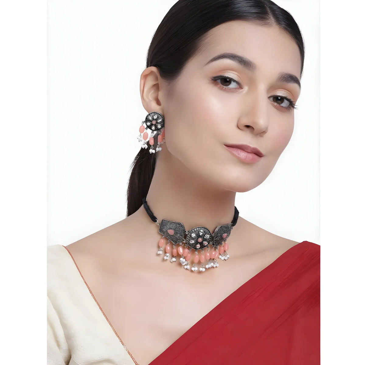 Women's Rose Gold Plated Alloy Necklace &amp; Earings Set (Orange)