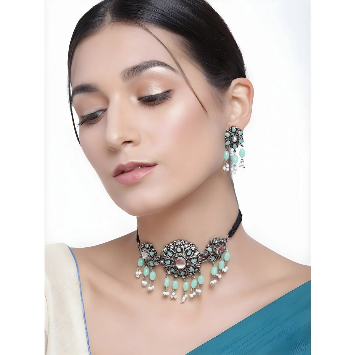 Women's Rose Gold Plated Alloy Necklace &amp; Earings Set (Light Green)