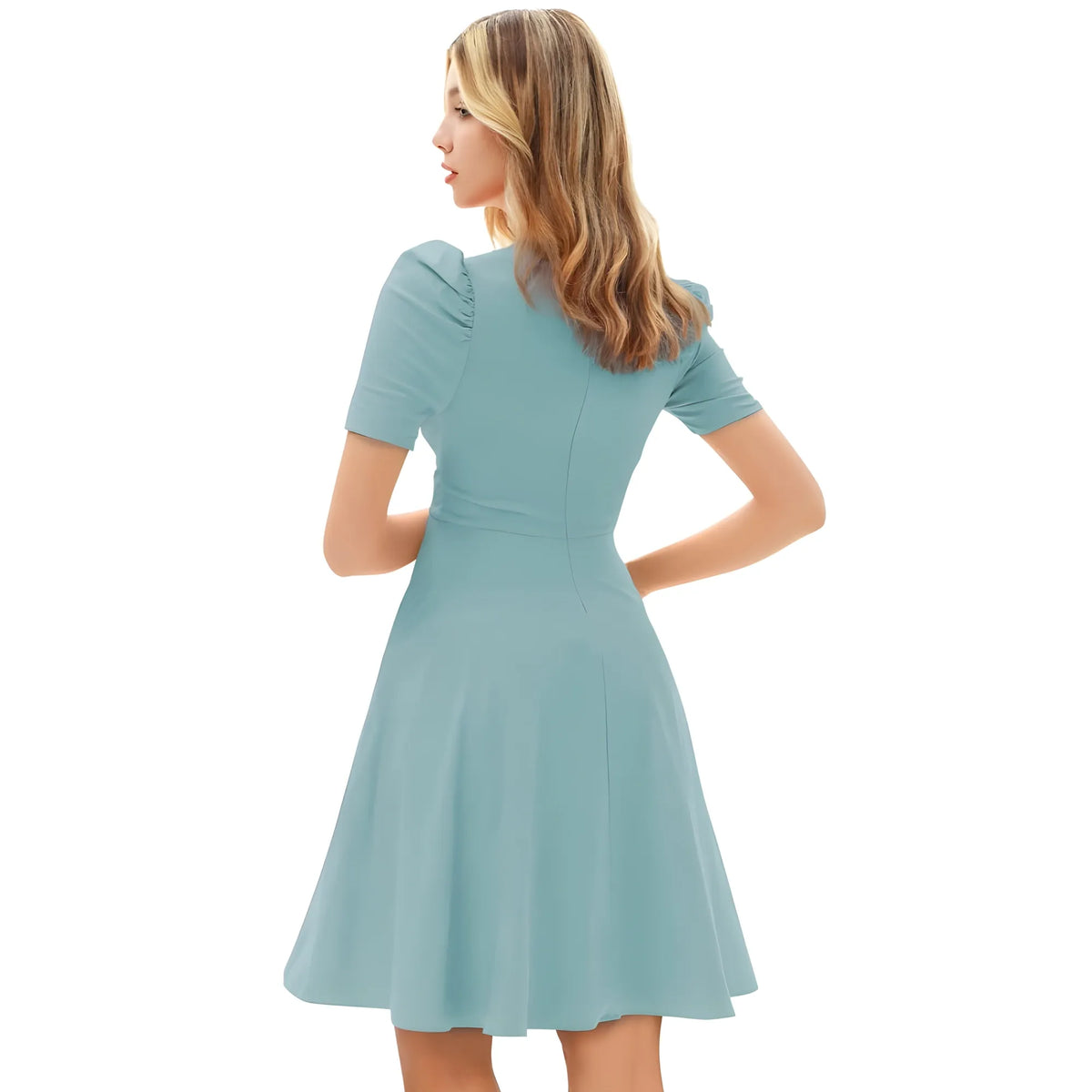 Women's Knitting stretchable Solid V Neck Cap Sleeve Dress (Pista)