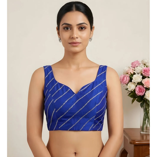 Women's Silk Embellished Sweetheart Neck Sleeveless Readymade Padded Blouse (Blue, Size 38)