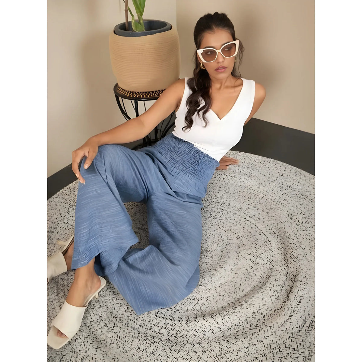 Women's Cotton Self Design Smocked Trousers (blue) | Women Signature Collection