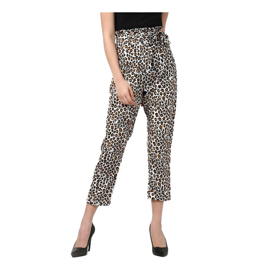 Women's Polyester Animal Print Elasticated Trousers (white Yellow) | Women Signature Collection
