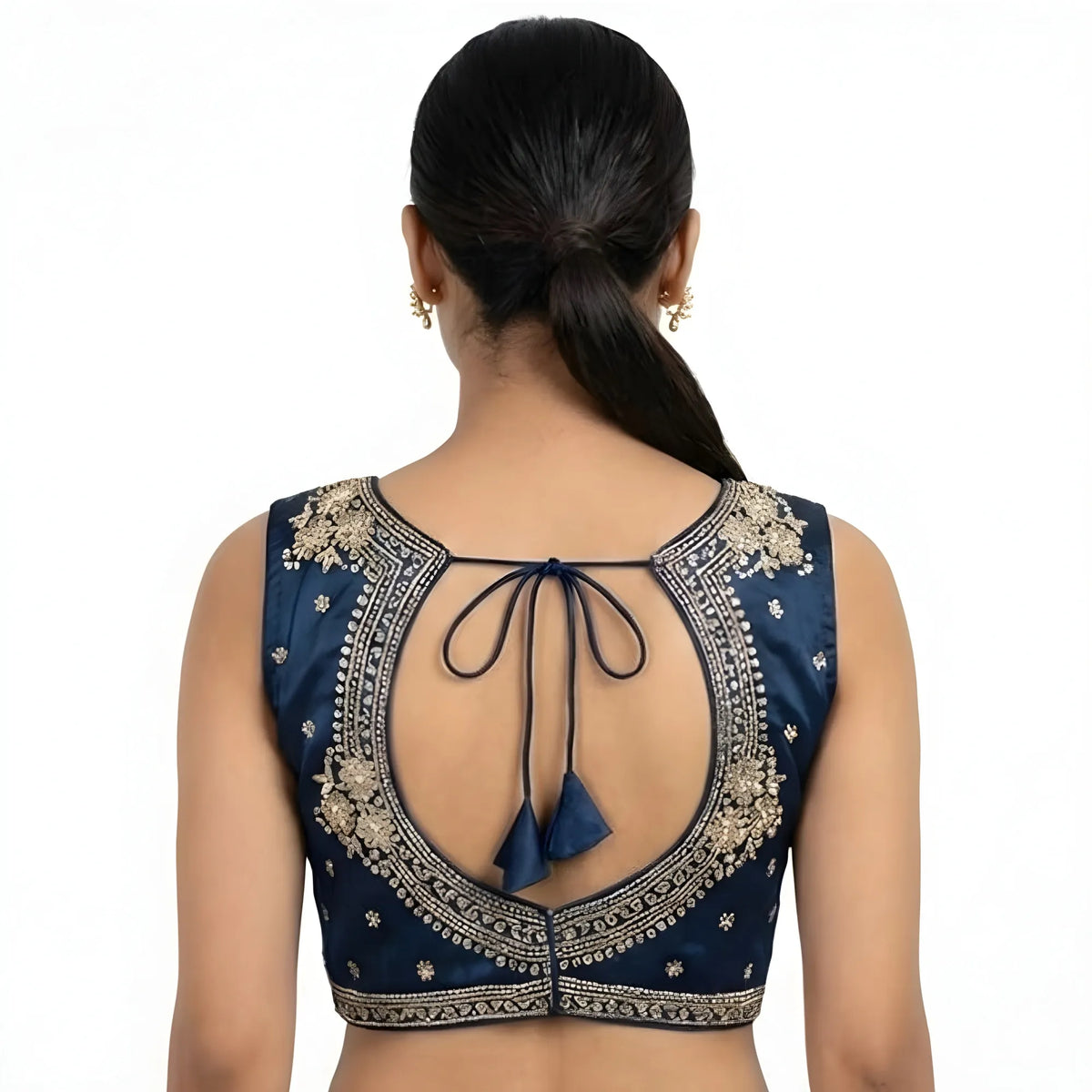 Women's Silk Embroidered V-Neck Sleeveless Readymade Padded Blouse (Blue, Size 38)