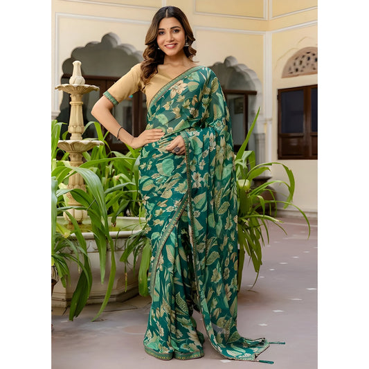 Women's Georgette Floral Printed Saree With Unstitched Blouse 5.5Mtr (Green)