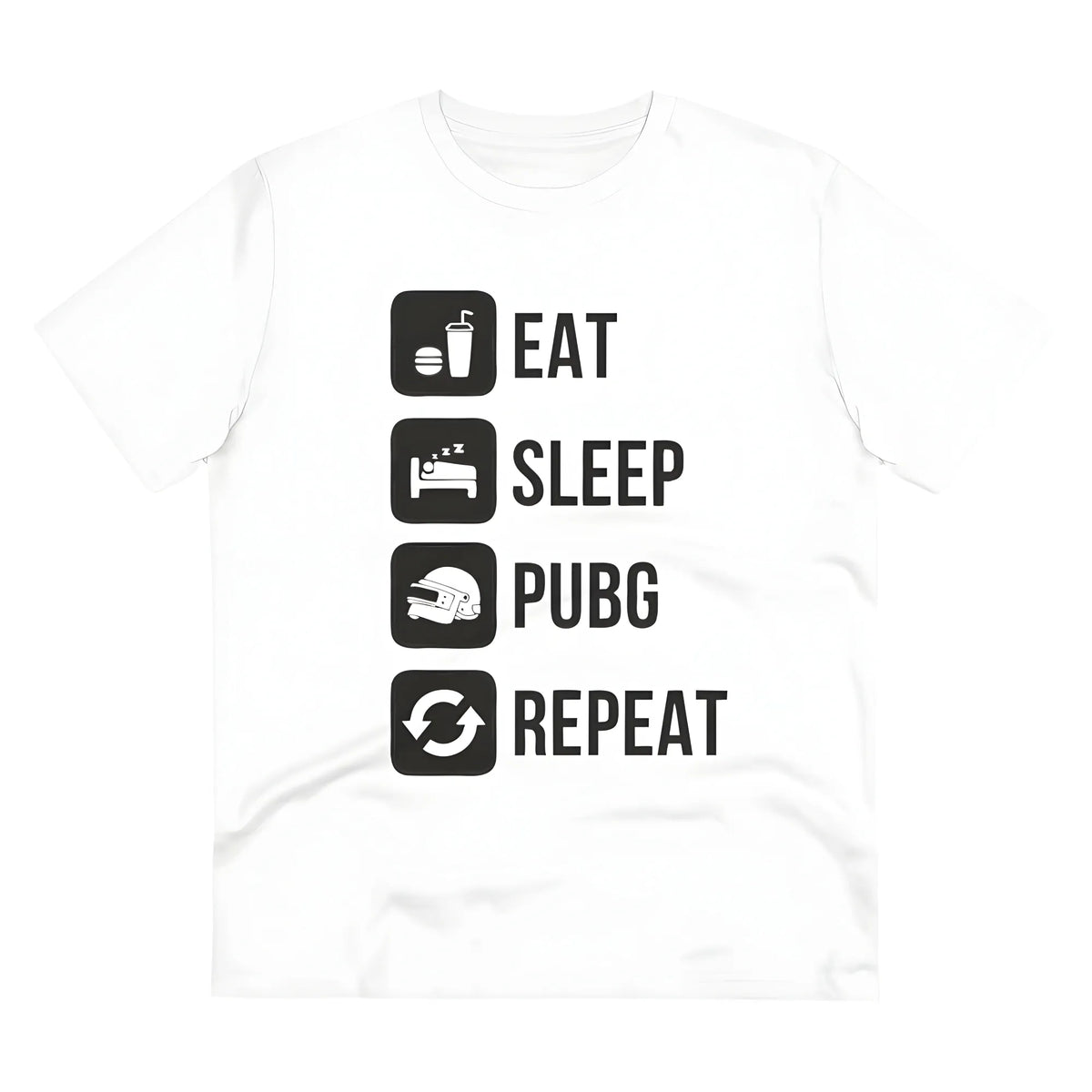 Men's PC Cotton Eat Sleep Pubg Repeat Printed T Shirt (Color: White, Thread Count: 180GSM)