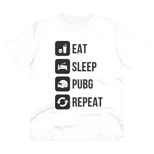 Men's PC Cotton Eat Sleep Pubg Repeat Printed T Shirt (Color: White, Thread Count: 180GSM)