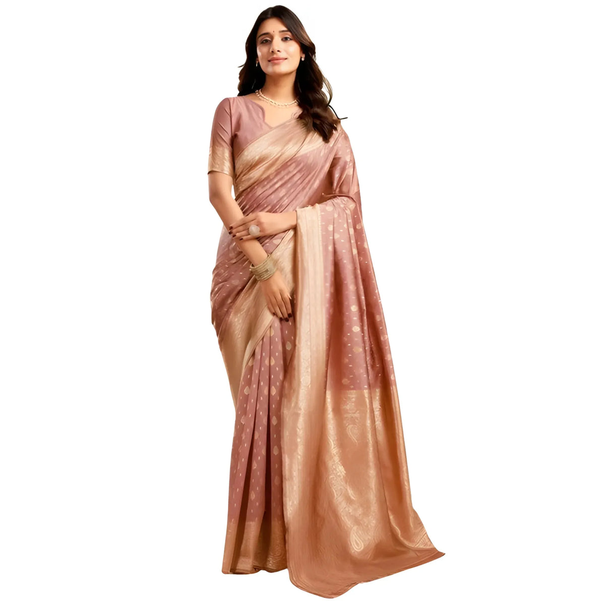 Women's Jacquard Printed Saree With Unstitched Blouse 5.5Mtr (Peach)
