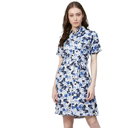 Women's Polyester Floral Short Sleeve Above Knee Dress (blue White) | Women Signature Collection