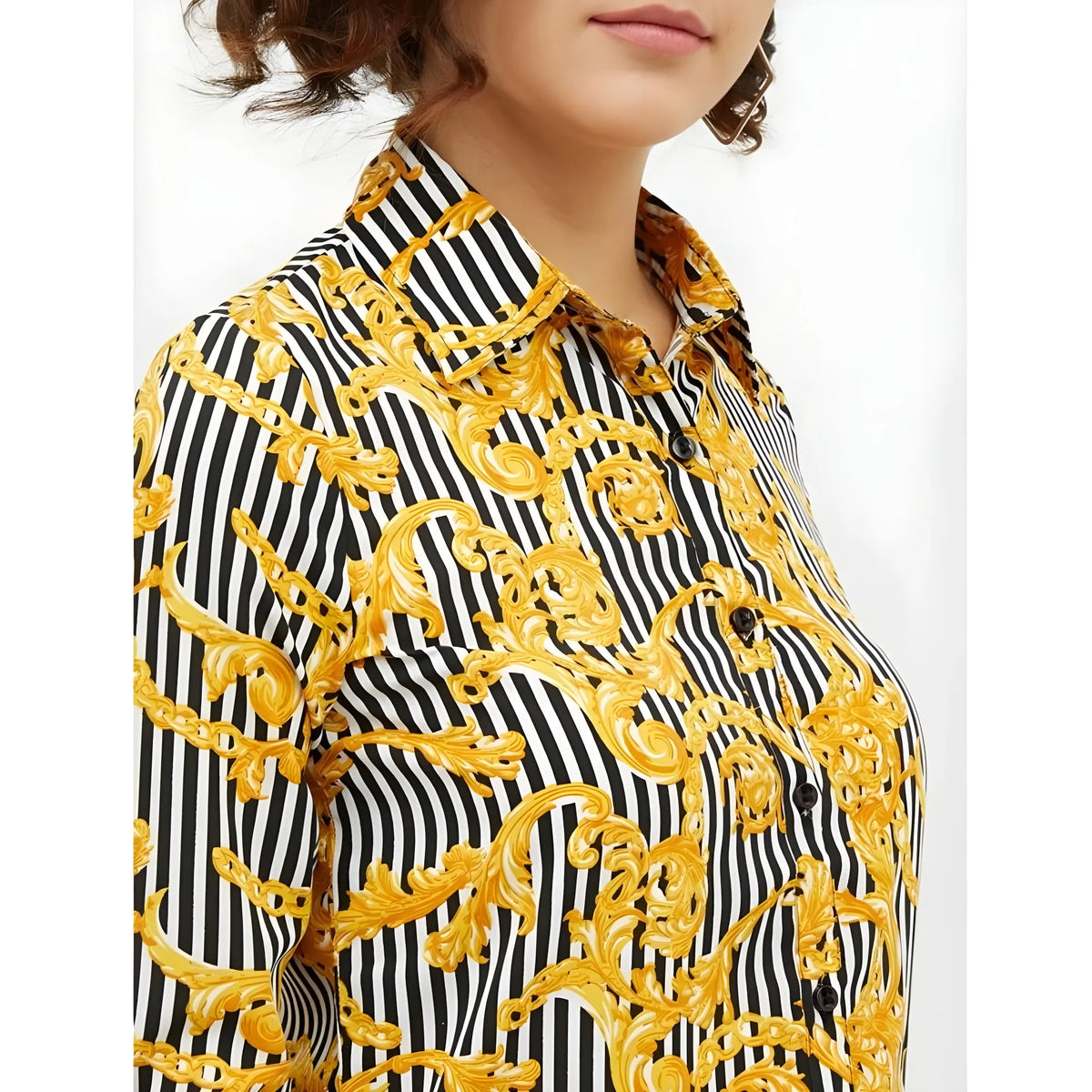 Women's Polyester Printed Roll Up Sleeve Standard Length Shirt (Mustared)