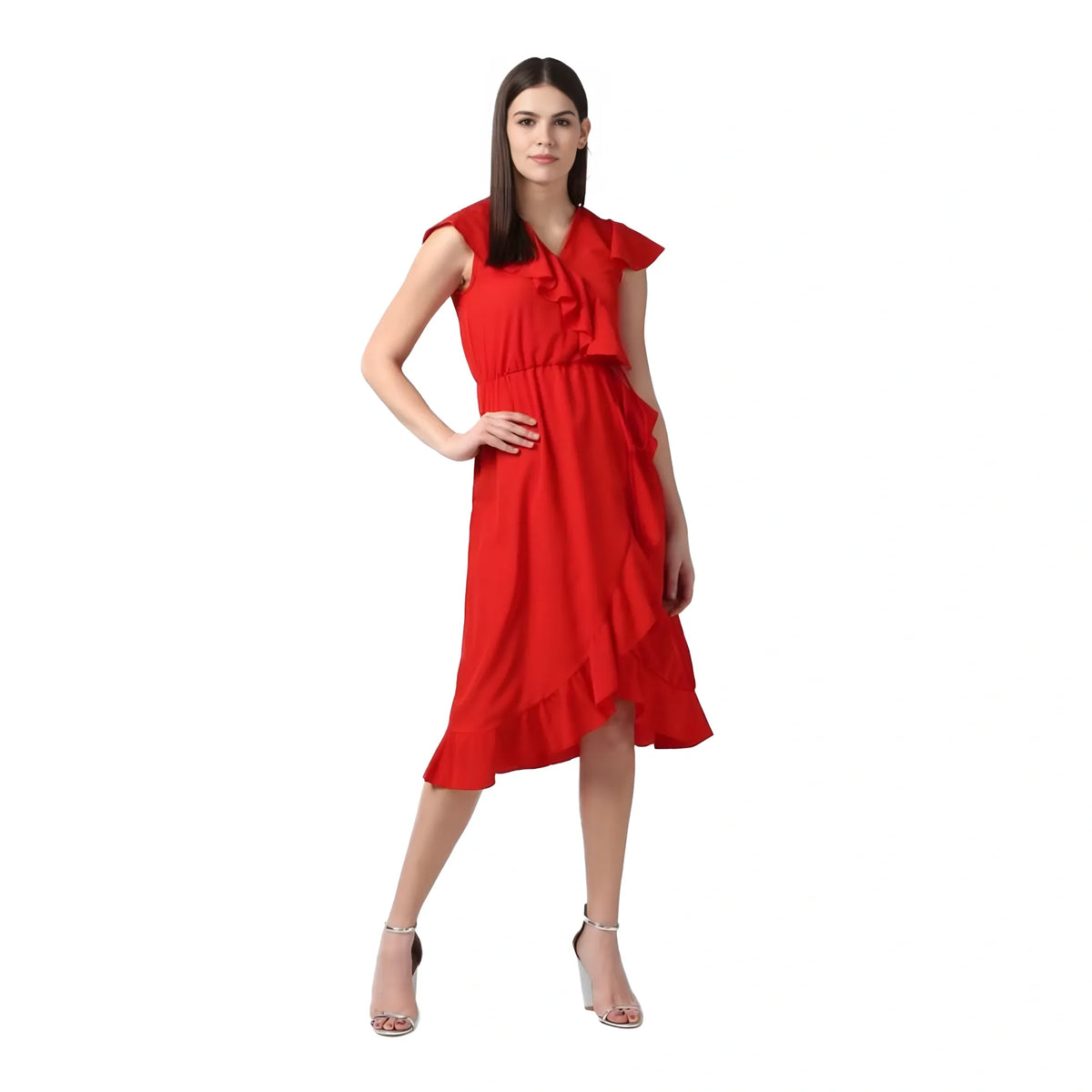 Women's Polyester Ruffled Cap Sleeve Knee Length Dress (red) | Women Signature Collection