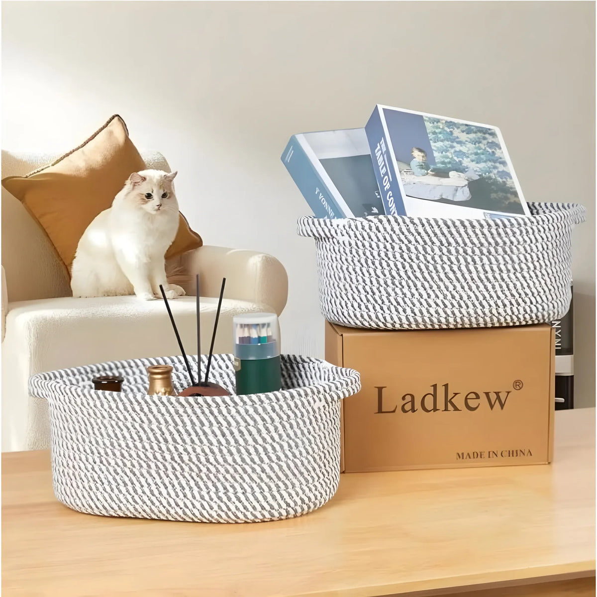Cotton 10x7x4 Inch 2 Pcs Oval Storage Basket For Clothes (Grey)
