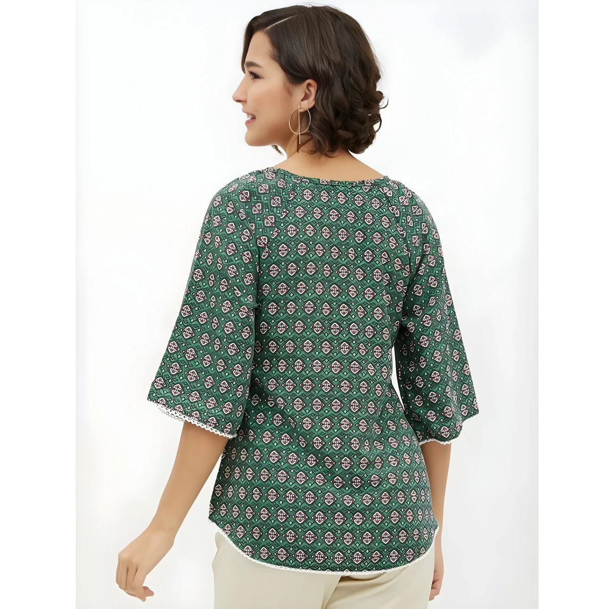 Women's Polyester Printed 3-4th Sleeves Top (Green)