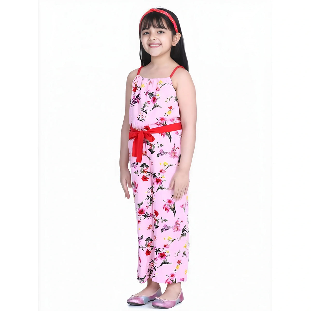 Girl's Polyester Crepe Floral Shoulder Straps Jumpsuit (pink Red) | Kids Signature Collection