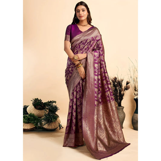 Women's Jacquard Printed Saree With Unstitched Blouse 5.5Mtr (Purple)