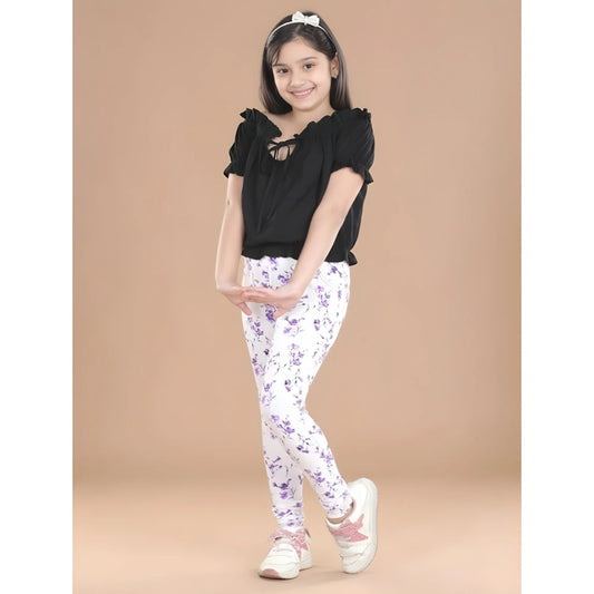 Girl's Cotton Lycra Floral Elasticated Jeggings (White-Lavender)