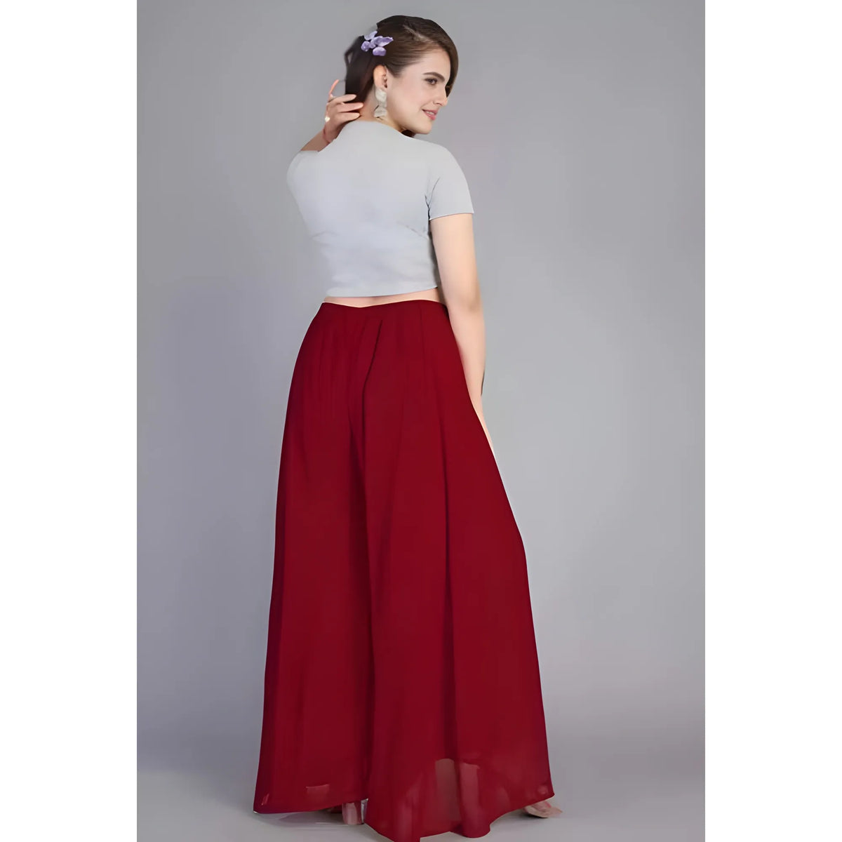 Women's Pack of 1 Georgette Solid High Rise Wide Leg Flared Palazzo with Elastic Waist (Maroon)