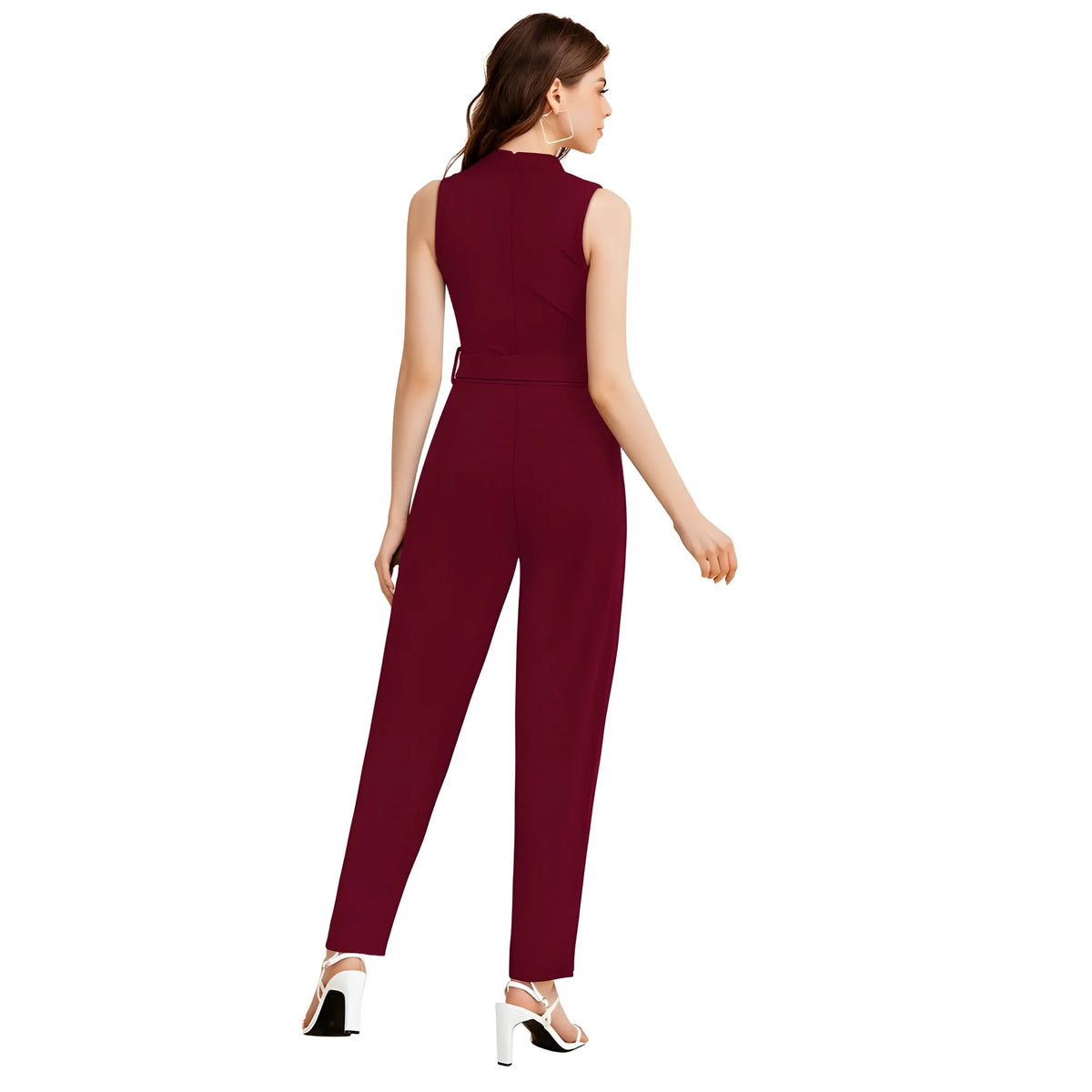 Women's Knitting stretchable Solid Round Neck Sleeveless Jumpsuit (Maroon)