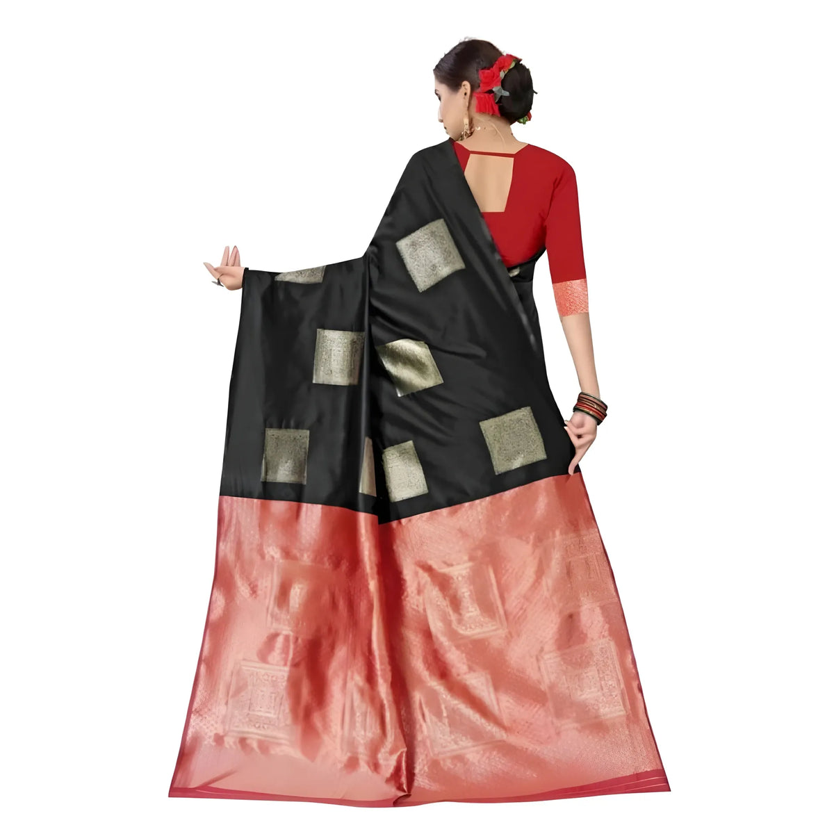 Women's Soft Lichi Silk Printed Saree With Unstitched Blouse 5.5Mtr (Black)