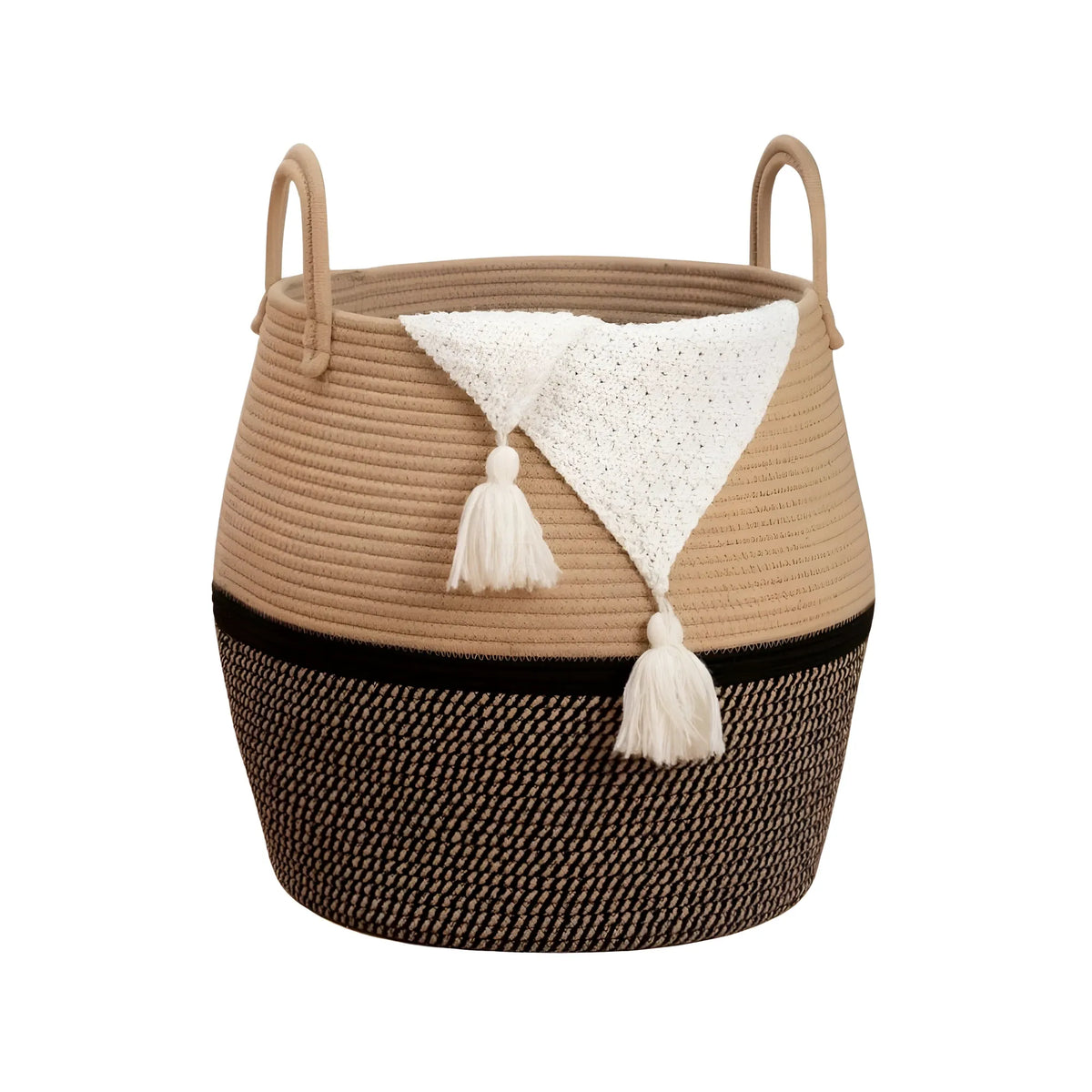 Cotton Matka With Handle 14x12 Inch Storage Basket For Clothes With Out Lid (Beige-Black)