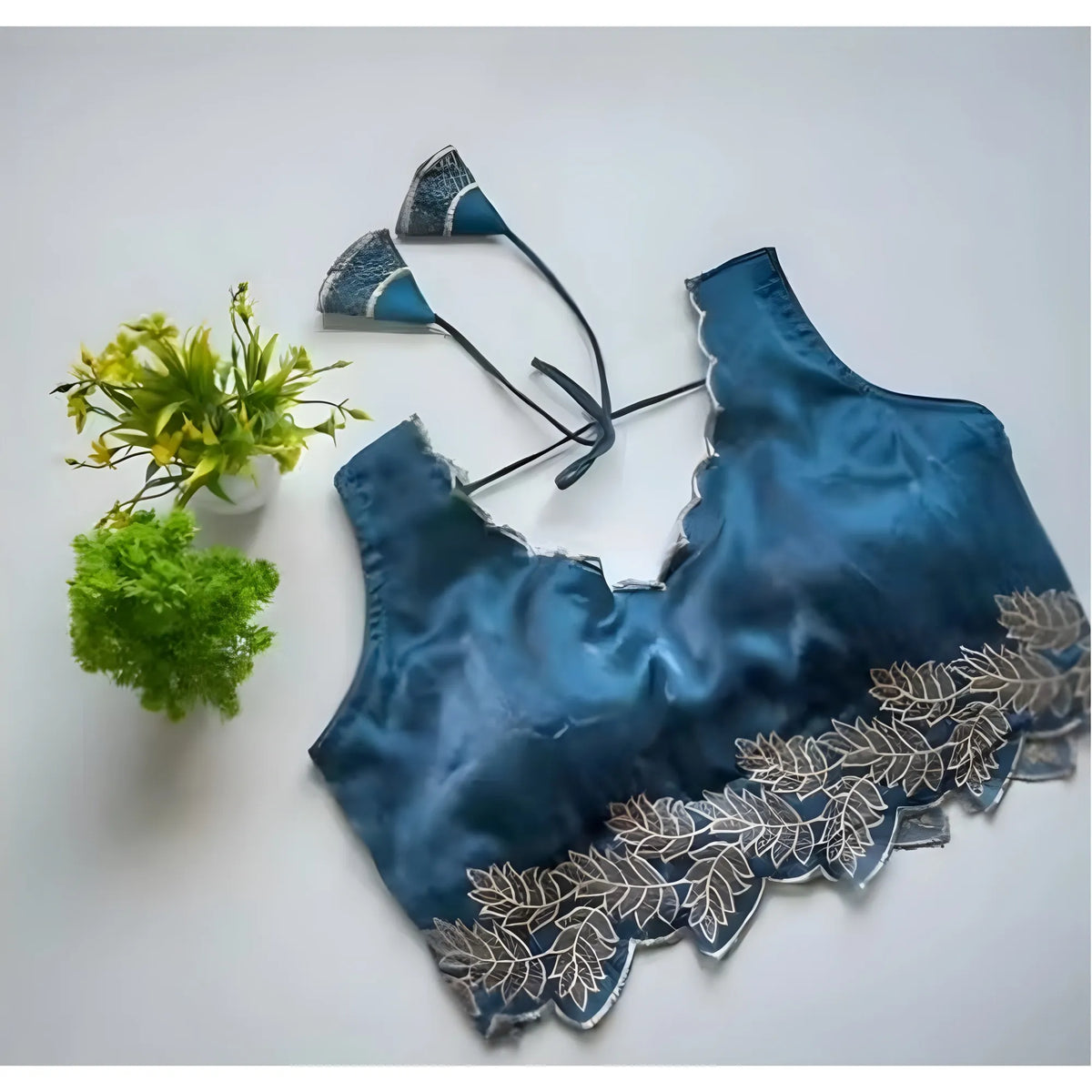 Women's Silk Embroidered Sweetheart Neck Sleeveless Readymade Padded Blouse (Blue, Size 38)