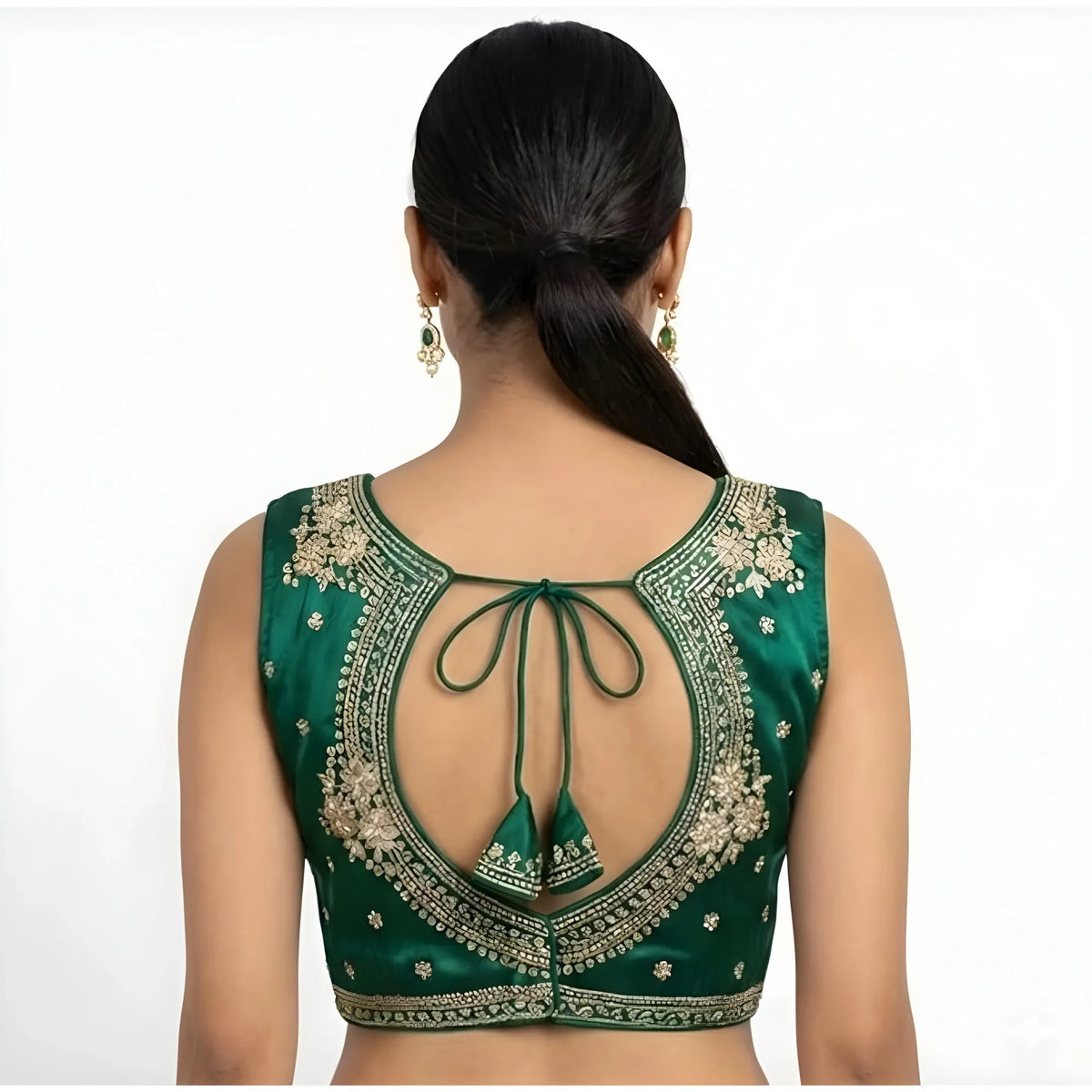 Women's Silk Embroidered V-Neck Sleeveless Readymade Padded Blouse (Green, Size 38)
