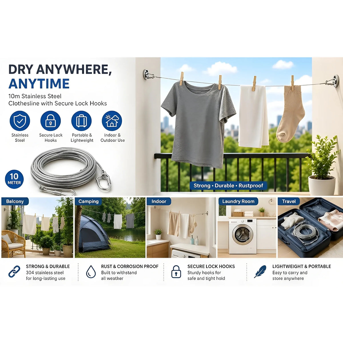 Stainless Steel Clothes Drying Rope With Hooks 10 Meter (Silver)