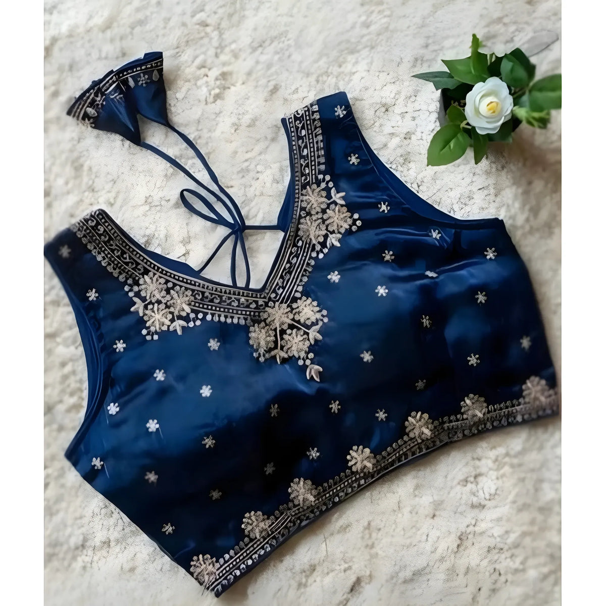 Women's Silk Embroidered V-Neck Sleeveless Readymade Padded Blouse (Blue, Size 38)