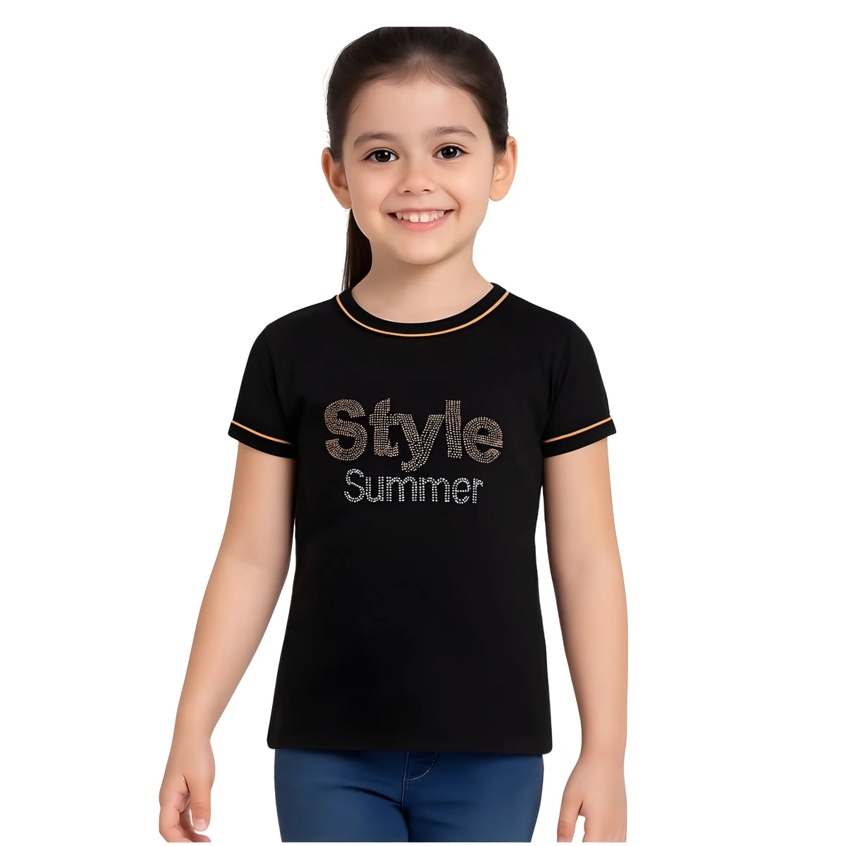 Girl's Cotton Printeded Round Neck T-Shirt (Black)