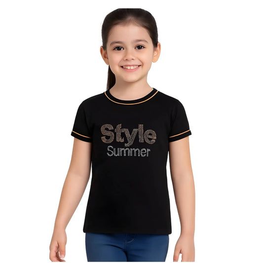 Girl's Cotton Printeded Round Neck T-Shirt (Black)