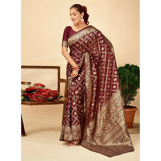 Women's Jacquard Printed Saree With Unstitched Blouse 5.5Mtr (Maroon)