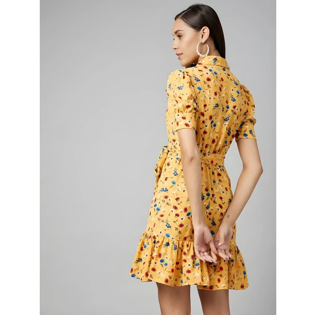Women's Polyester Floral Short Sleeve Above Knee Dress (yellow) | Women Signature Collection