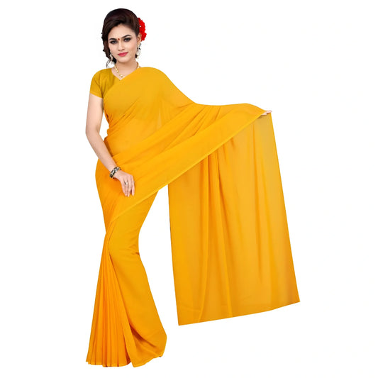 Women's Georgette Plain Saree With Blouse (Gold, 5-6 Mtrs)