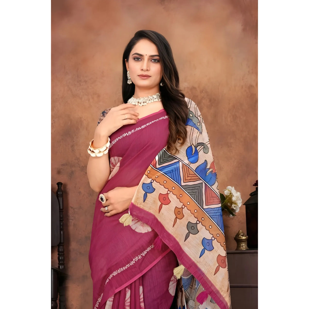 Women's Linen Printed Saree With Unstitched Blouse 5.5Mtr (Purple)