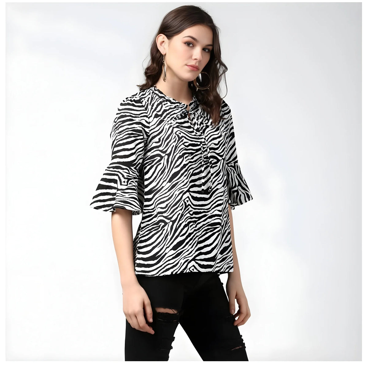 Women's Polyester Animal Print Bell Sleeve Top (Black - White)