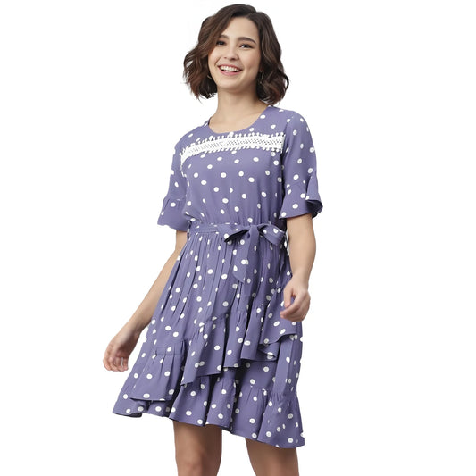 Women's Polyester Polka Bell Sleeve Above Knee Dress (lavender) | Women Signature Collection