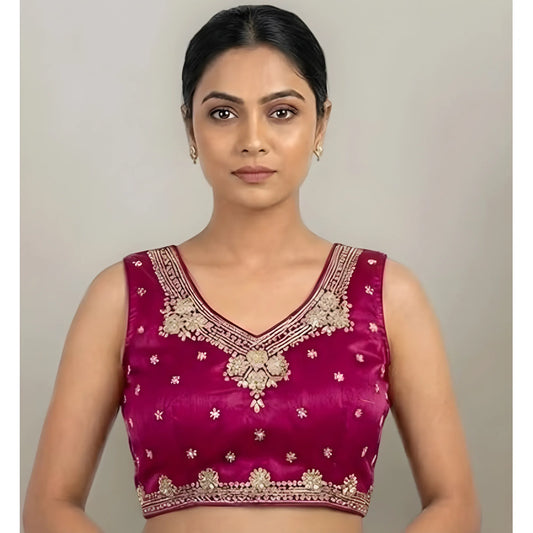 Women's Silk Embroidered V-Neck Sleeveless Readymade Padded Blouse (Pink, Size 38)