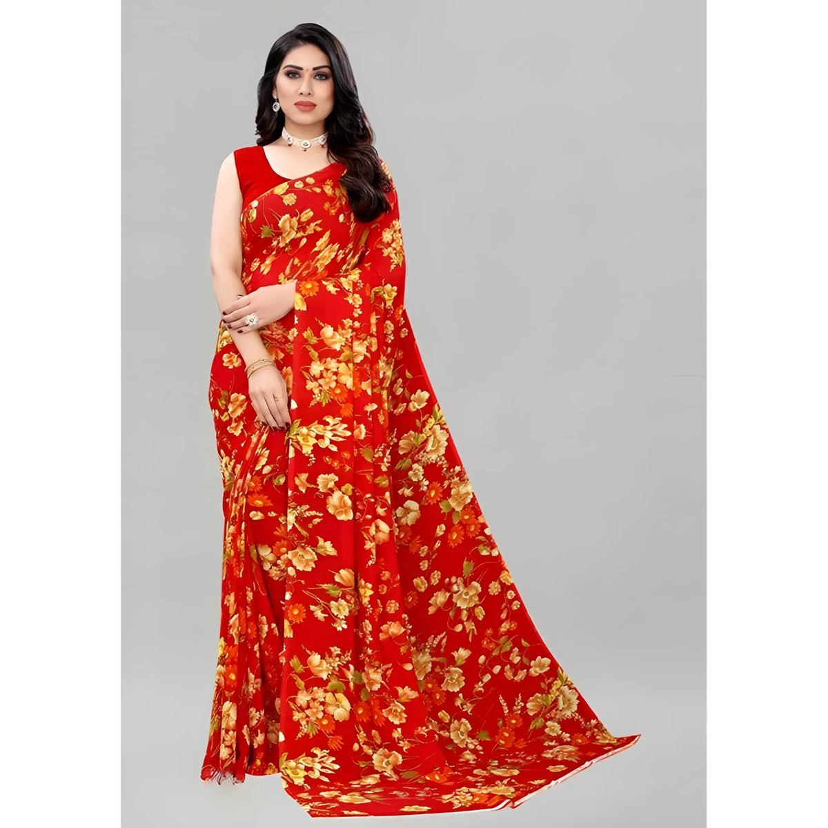 Women's Georgette Floral Printed Saree With Unstitched Blouse 5.5Mtr (Red)