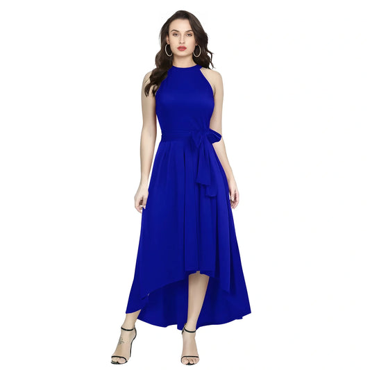 Women's Polyster Solid Halter Neck Sleeveless Dress (royal Blue) | Women Signature Collection