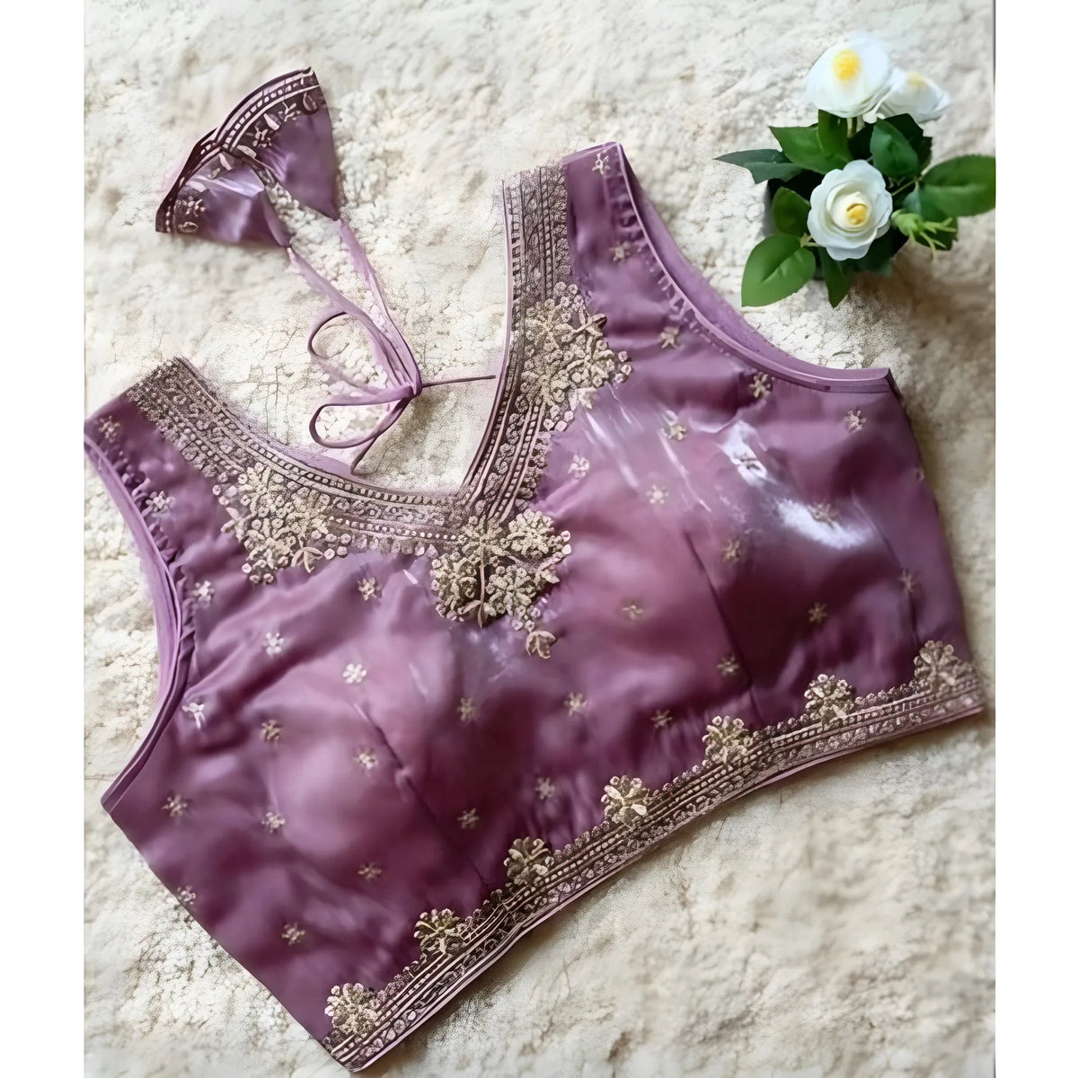 Women's Silk Embroidered V-Neck Sleeveless Readymade Padded Blouse (Purple, Size 38)
