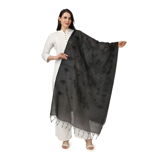 Women's Cotton Embroidered Dupatta (Black, Length:  2.25 to 2.50 Mtr)