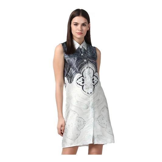Women's Polyester Printed Sleeveless Above Knee Dress (Blue)