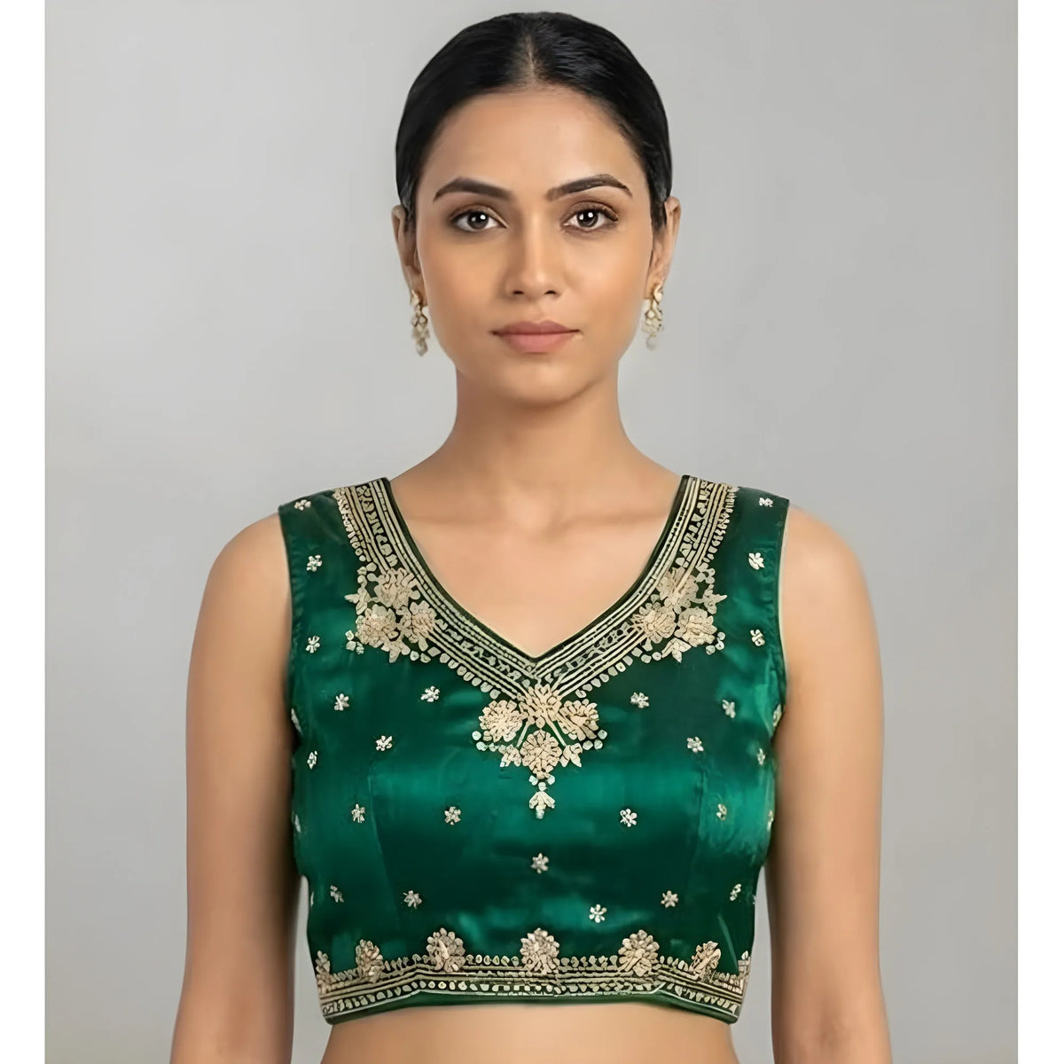 Women's Silk Embroidered V-Neck Sleeveless Readymade Padded Blouse (Green, Size 38)