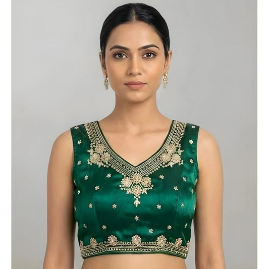 Women's Silk Embroidered V-Neck Sleeveless Readymade Padded Blouse (Green, Size 38)