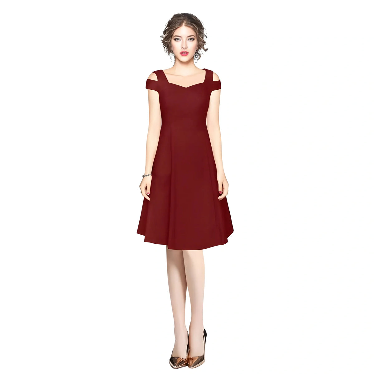 Women's Polyester Solid V Neck Cap Sleeve off Shoulder Dress (Maroon)