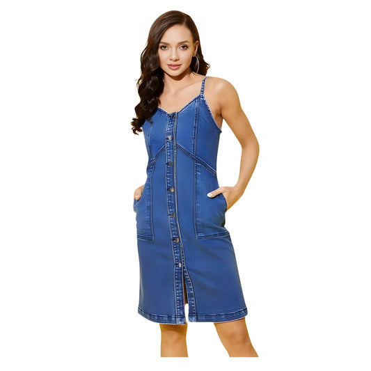 Women's Denim Washed Shoulder Straps Dress (blue) | Women Signature Collection