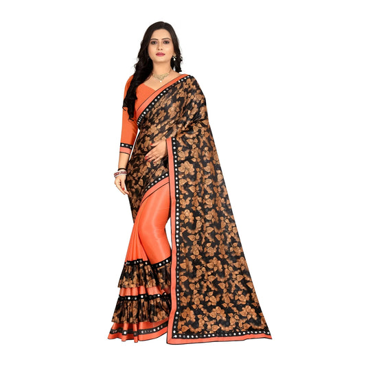 Women's Lycra Blend Saree with Blouse (Orange, 5-6 Mtrs)