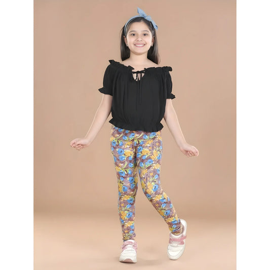 Girl's Cotton Lycra Floral Elasticated Jeggings (Multicolor)